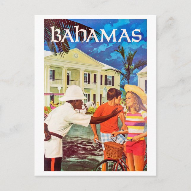 Bahamas,polite policeman heading the way to couple postcard (Front)