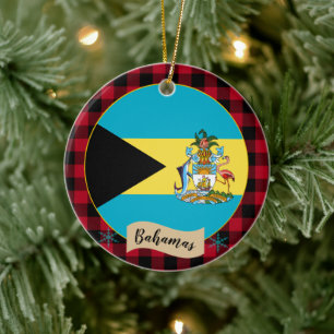Bahamas, Red buffalo plaid & Bahamas Flag Ceramic Ornament