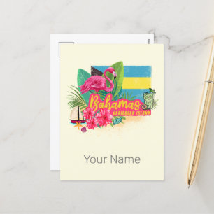 Bahamas retro caribbean island flamingo vintage holiday postcard