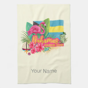 Bahamas retro caribbean island flamingo vintage kitchen towel