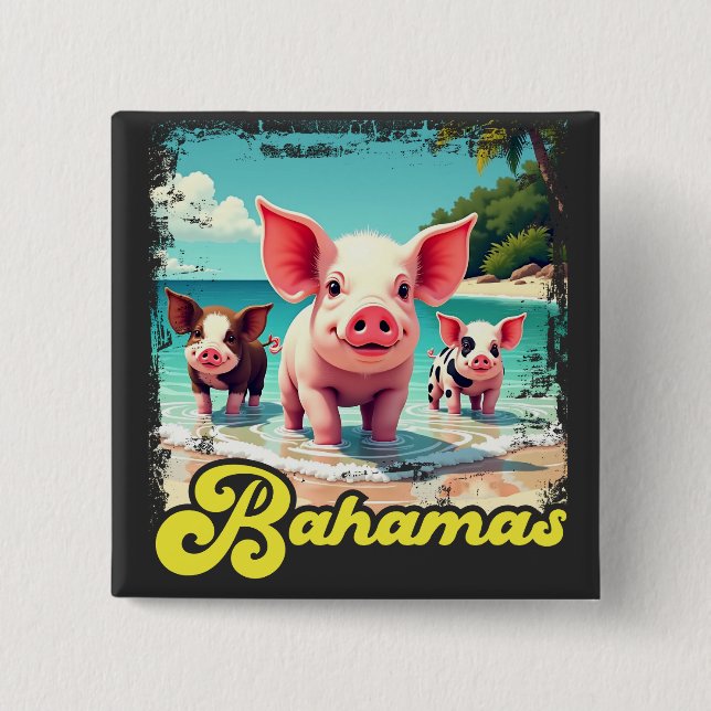 Bahamas Swimming Pigs - Exuma Pig Beach Adventure 2 Inch Square Button (Front)