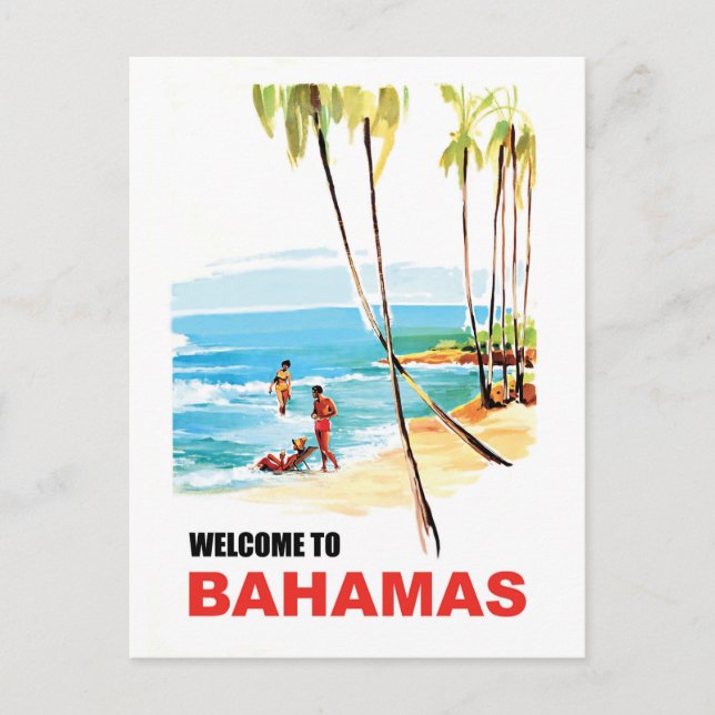 Bahamas, Young People on the Beach and Palm Trees Postcard (Front)