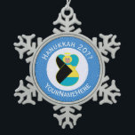 Bahamian Blonde Angel Hanukkah Flag Personalized  Snowflake Pewter Christmas Ornament<br><div class="desc">Blonde haired angel dressed in the flag of the Bahamas flies Inside of a white circle of squiggly squares on this pewter snowflake ornament. The background is blue squiggly squares. The white and blue colours were chosen to represent Hanukkah. Design created for families of multiple religions. Add a name to...</div>