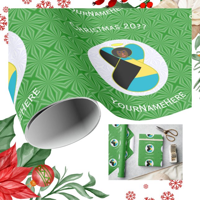 Bahamian Flag Black Angel Christmas Personalized  Wrapping Paper (Creator Uploaded)