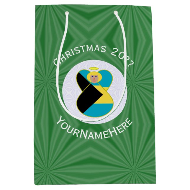 Bahamian Flag Christmas Blonde Angel Personalized Medium Gift Bag (Front)