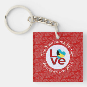 Bahamian Flag Heart LOVE Red Personalized Text Keychain