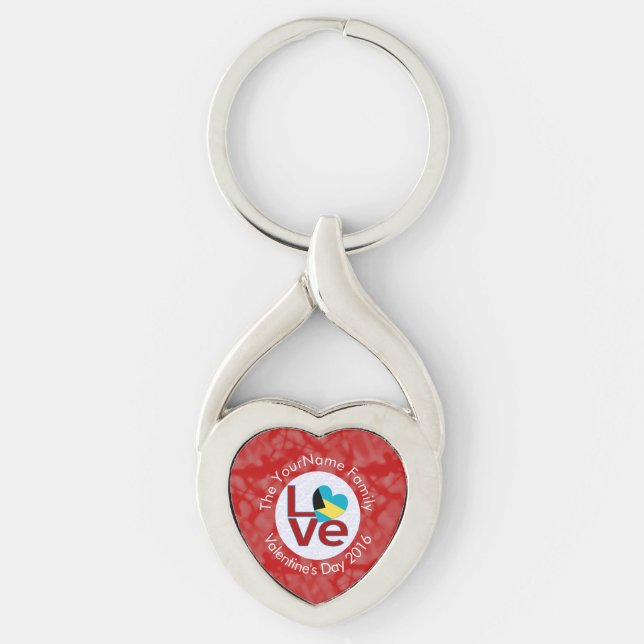Bahamian Flag Heart LOVE Red Personalized Text  Keychain (Front)