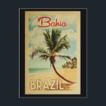 Bahia Palm Tree Vintage Travel Postcard<br><div class="desc">A uniquely retro mid-century modern Bahia Brazil art print in vintage travel poster style. It features a curved palm tree on sandy beach with ocean under a blue cloudy sky.</div>