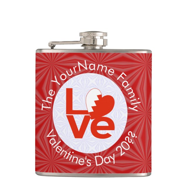 Bahraini Flag Heart LOVE Red Personalized Text  Hip Flask (Front)