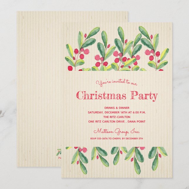 Baies d'aquarelle et Branches Invitations de Noël (Devant / Derrière)