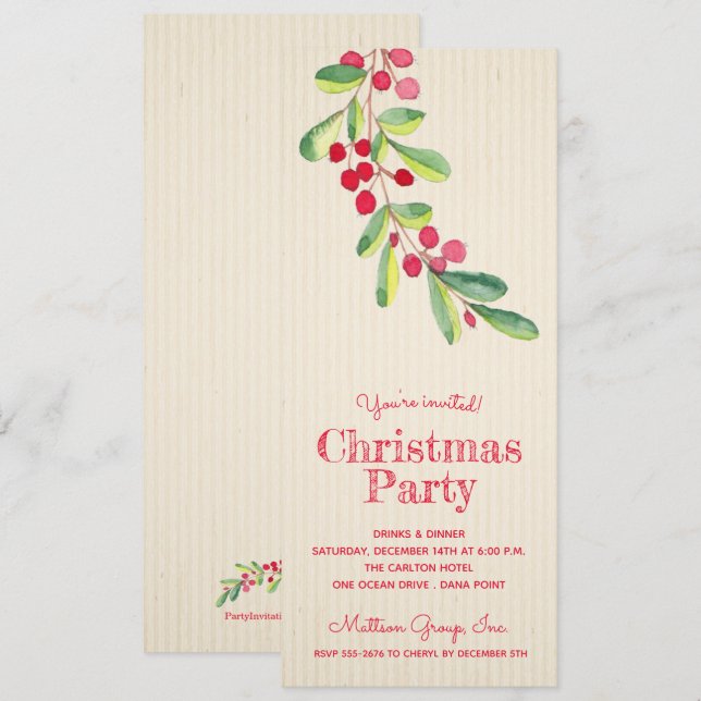 Baies d'aquarelle et Invitations de Noël Feuille (Devant / Derrière)