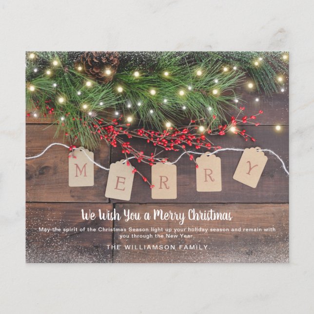 Baies de pin rustique Joyeux Budget Carte de Noël (Devant)