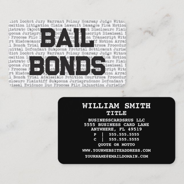 Bail Bonds Mots Légaux Carte de visite (Devant / Derrière)