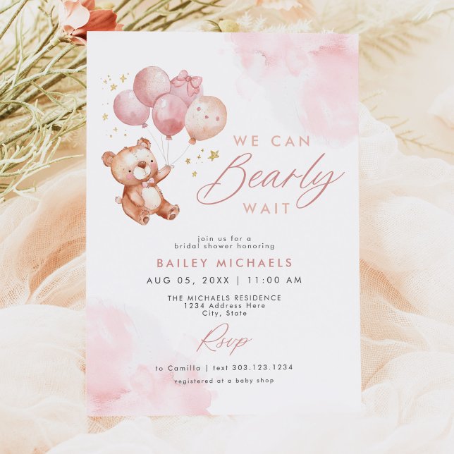 BAILEY Pink Bearly Wait Teddy Bear Baby Shower Invitation (Creator Uploaded)