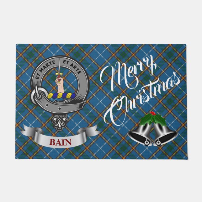 Bain Badge & Tartan Personalized Silver Bells Xmas Doormat (Front)