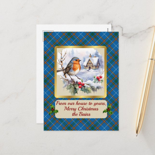 Bain Crest & Tartan w/Robin Personalized  Holiday Postcard (Front/Back In Situ)