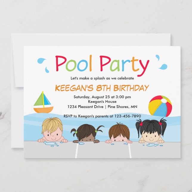 Bain Enfants Piscine Invitations Anniversaire │ Ve (Devant)