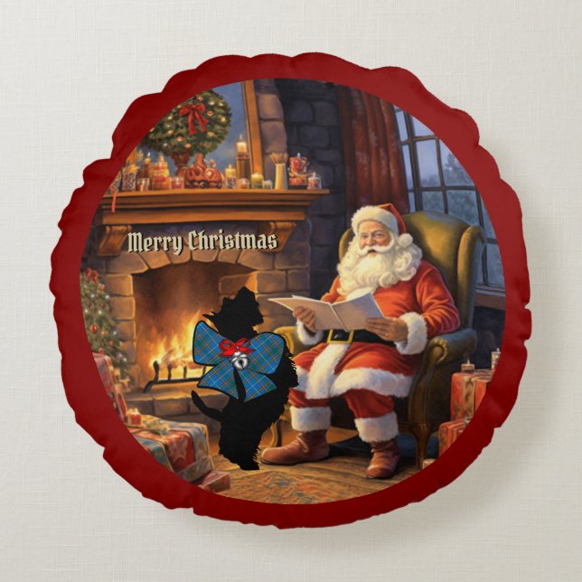 Bain Scottie Dog & Santa Personalized Xmas Round Pillow (Front)