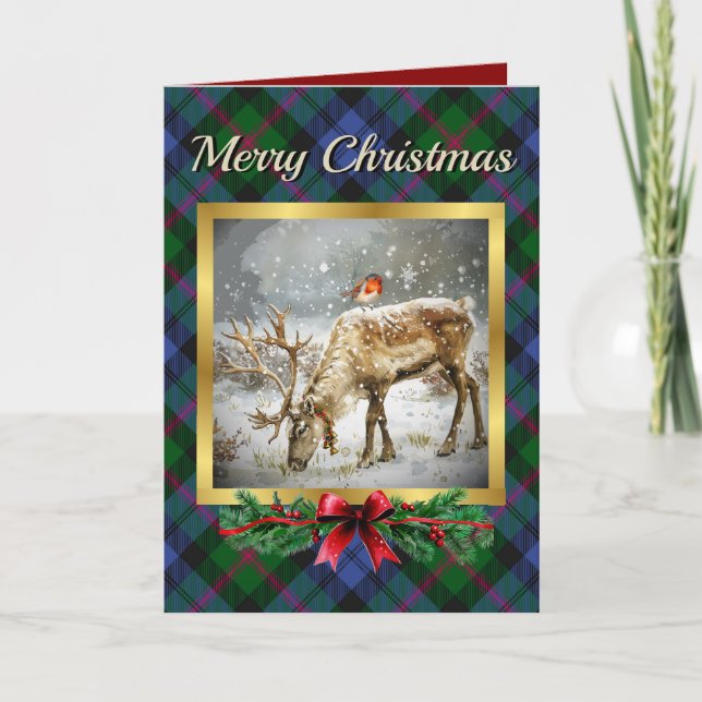 Baird Stag & Robin Tartan Personalized  Holiday Card (Front)