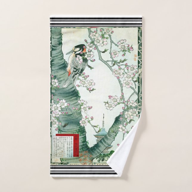 Bairei Woodpecker Cherry Japanese Bath Towel Set (Hand Towel)