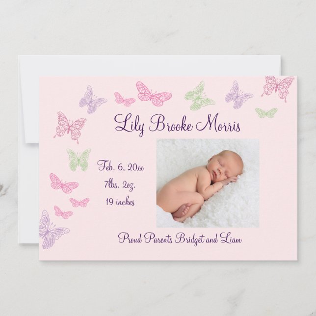 Baisers papillon rose Faire-part de naissance (Devant)