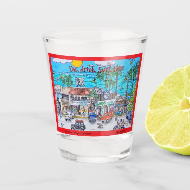Baja Surf Shop and taco stand Shot Glass (Front)