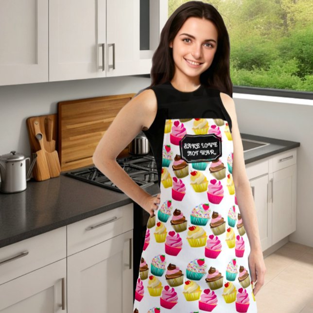 Bake love not war, bake with love  apron (Cute cupcakes pattern monogram and personalized text)