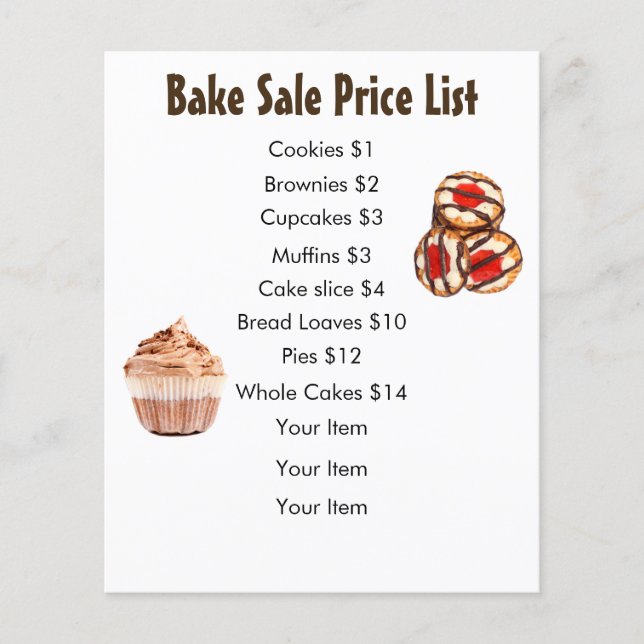 Bake Sale Price List Chocolate Cupcake and Cookies Flyer (Front)