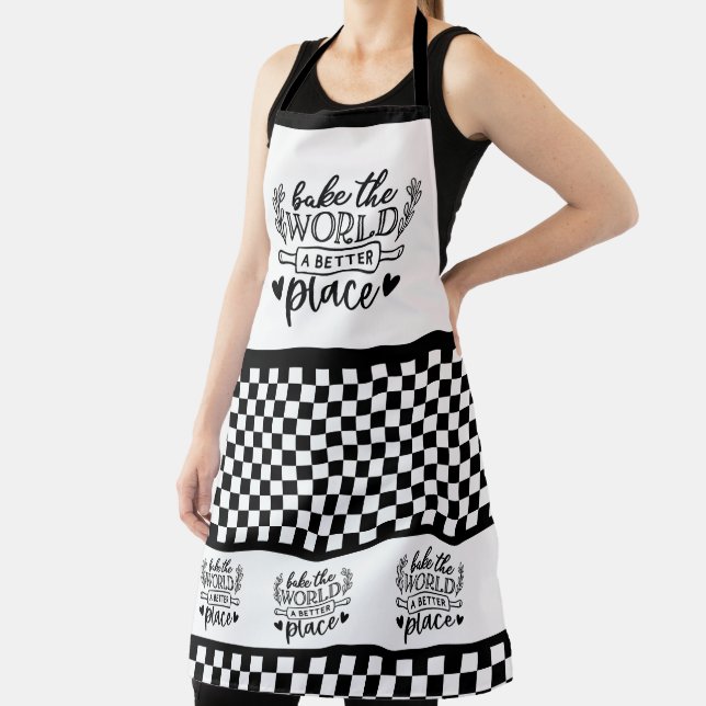 Bake the world a better place chequered pattern apron (Insitu)