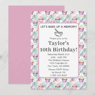 Bake Up Memory Fun Watercolor Cupcake Birthday  Invitation