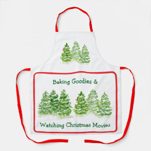 Bake + Watch Christmas Movies Watercolor Trees Red Apron