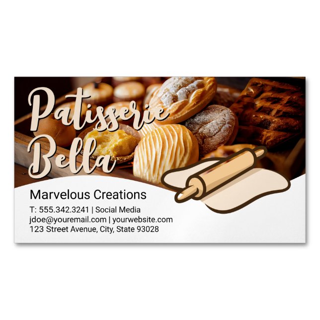 Baked Pastries | Rolling Pin and Dough Magnetic Business Card (Front)