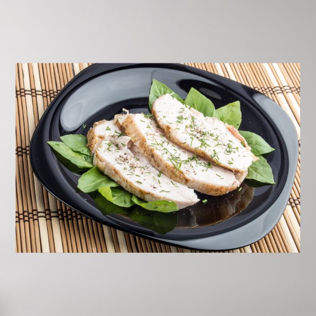 Baked slices of chicken meat on a black plate poster (Front)