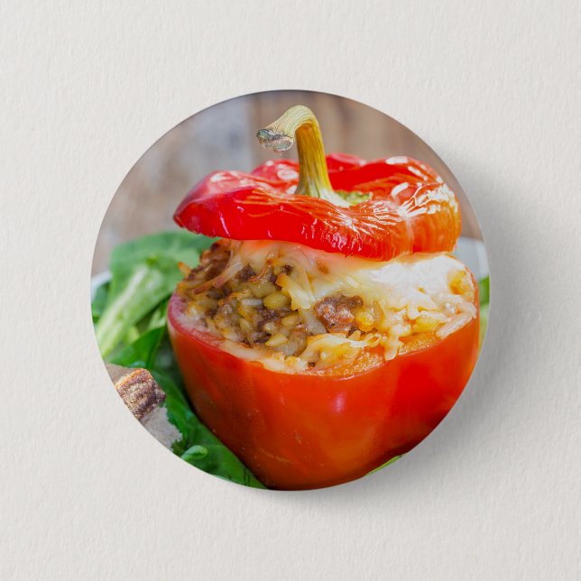 Baked stuffed peppers with meat sauce and cheese 2 inch round button (Front)