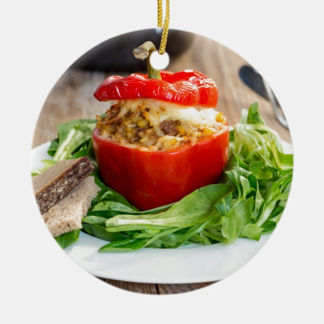 Baked stuffed peppers with meat sauce and cheese ceramic ornament (Front)