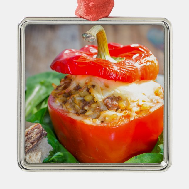 Baked stuffed peppers with meat sauce and cheese metal ornament (Front)