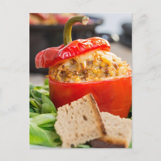 Baked stuffed peppers with meat sauce and cheese postcard (Front)