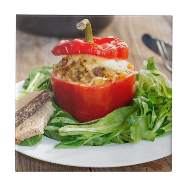 Baked stuffed peppers with meat sauce and cheese tile (Front)