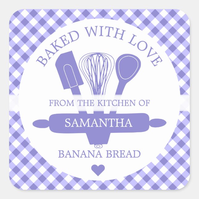 Baked With love Banana Bread Purple Gingham   Square Sticker (Front)
