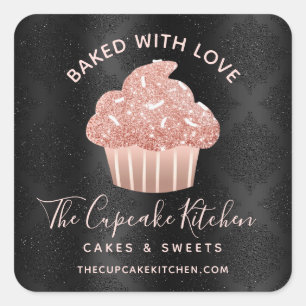 Baked With Love Black Rose Gold Glitter Cupcake Square Sticker