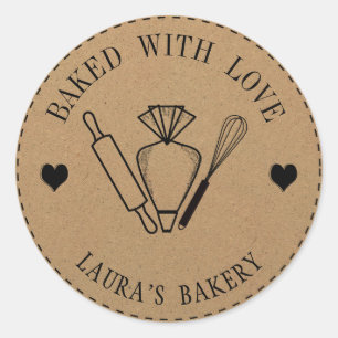 Baked with Love Cake Rolling Pin Whisk Piping Bag Classic Round Sticker