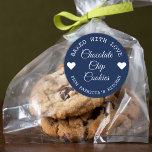 Baked With Love Choco Cookies Blue And White    Classic Round Sticker<br><div class="desc">Modern Blue And White  baked with love stickers for your home baked chocolate chip cookies gifts.</div>