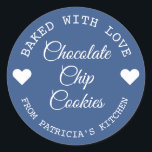 Baked With Love Choco Cookies Blue And White  Classic Round Sticker<br><div class="desc">Modern colourful baked with love stickers for your home baked chocolate chip cookies gifts.</div>