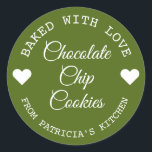 Baked With Love Choco Cookies Green And White  Classic Round Sticker<br><div class="desc">Modern colourful baked with love stickers for your home baked chocolate chip cookies gifts.</div>