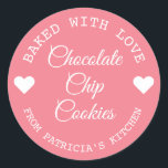 Baked With Love Choco Cookies Pink And White  Classic Round Sticker<br><div class="desc">Modern colourful baked with love stickers for your home baked chocolate chip cookies gifts.</div>