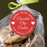 Baked With Love Choco Cookies Red And White  Classic Round Sticker<br><div class="desc">Rustic baked with love stickers for your gourmet chocolate chip cookies gifts.</div>