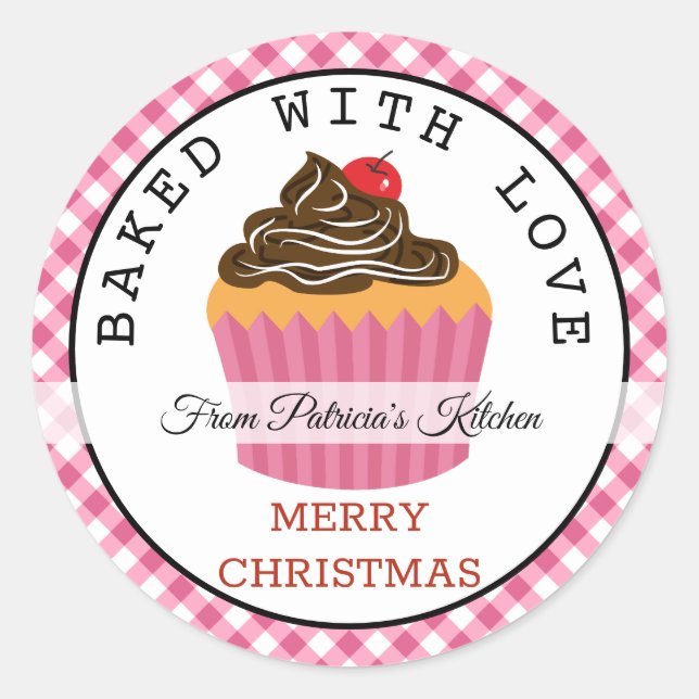 Baked With love Christmas Cupcakes Pink Gingham Classic Round Sticker (Front)