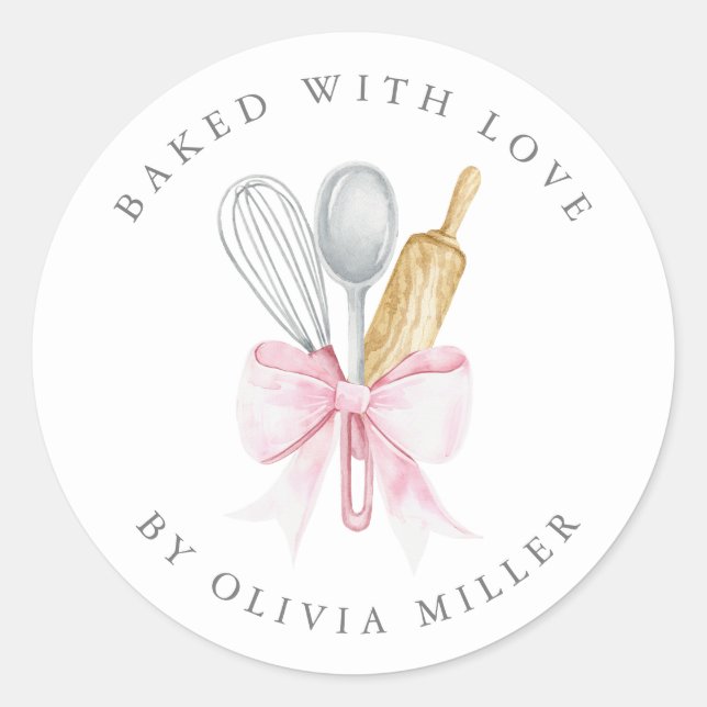 Baked With Love Elegant Pink Bow Personalized  Cla Classic Round Sticker (Front)