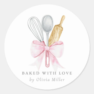 Baked With Love Elegant Pink Bow Personalized  Classic Round Sticker