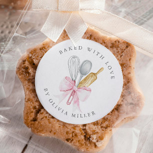 Baked With Love Elegant Pink Bow Personalized Classic Round Sticker